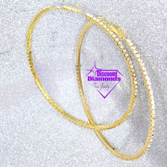 White Baguette Diamond 14K Gold Hoop Earrings 925 Silver - Picture 9 of 14